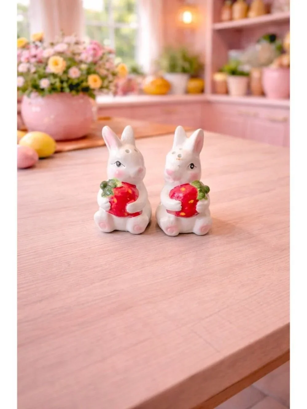 New Easter Bunny Holding Strawberry Salt & Pepper Shakers Party Dinning Set